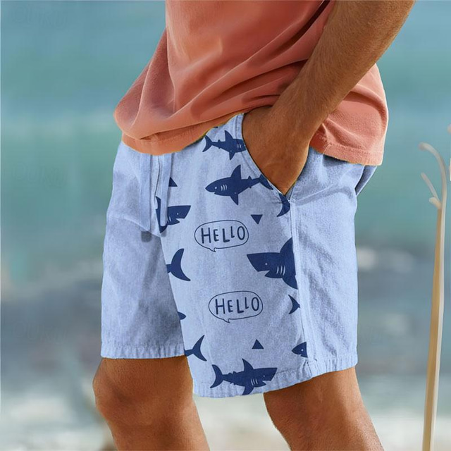  zvířecí žralok potištěné pánské bavlněné šortky letní havajské šortky plážové šortky stahovací šňůrka v pase potisk pohodlí prodyšné krátké outdoorové volno na dovolenou kalhoty ze směsi bavlny