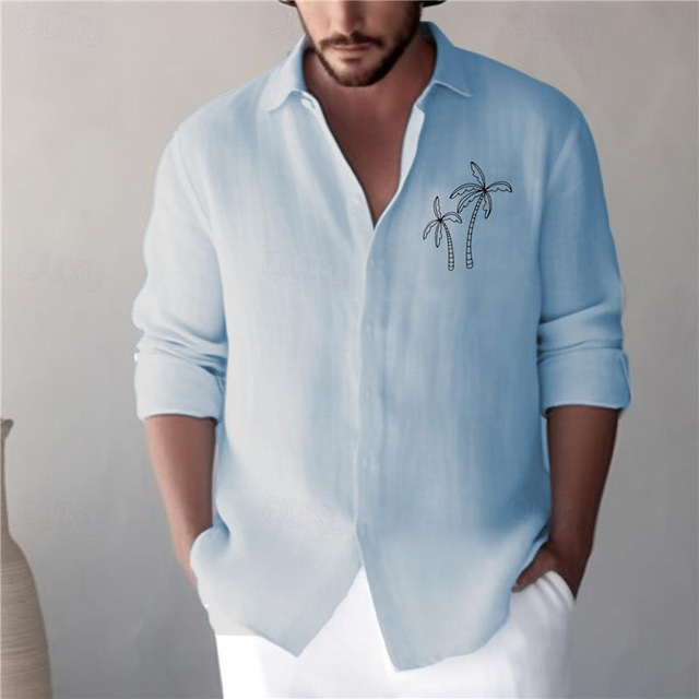  Homme Coton Lin Chemise Chemise Lin Palmier Imprimer manche longue Col rabattu Blanche, Rose Claire, Bleu Chemise Extérieur du quotidien Vacances