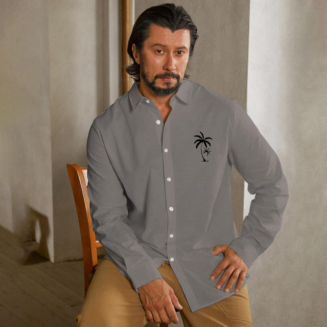  Men's 55% Linen Shirt Linen Shirt Button Up Shirt Beach Shirt White Gray Long Sleeve Coconut Tree Lapel Spring &  Fall Outdoor Daily Clothing Apparel