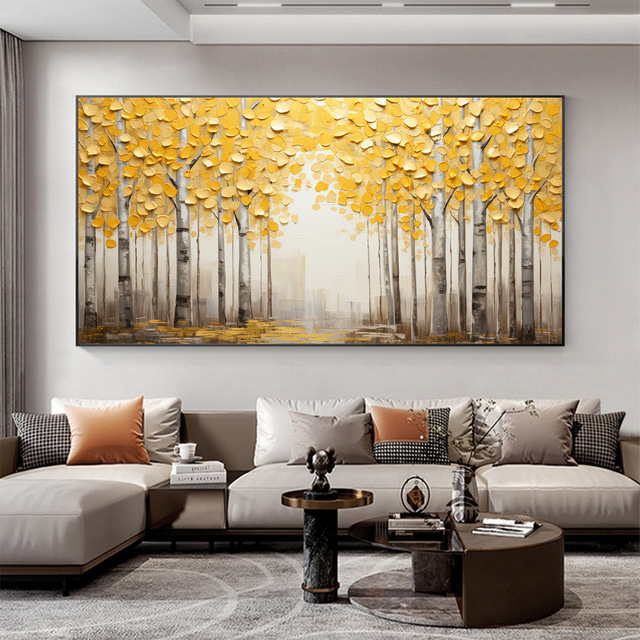  Handmade Original Forest Oil Painting On Canvas Wall Art Decor Abstract Yellow Tree Landscape Painting for Home Decor With Stretched Frame/Without Inner Frame Painting