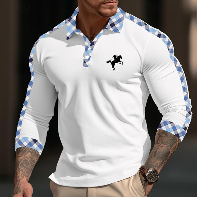  Men's Button Up Polos Golf Shirt Casual Sports Lapel Long Sleeve Fashion Basic Plaid Embroidered Button Spring &  Fall Regular Fit Black White Blue Button Up Polos