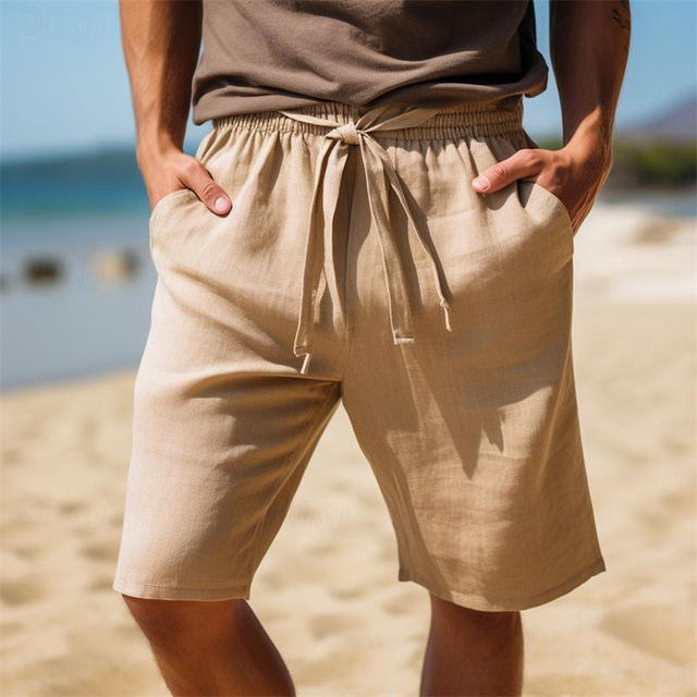  Homens Calção Shorts de linho Shorts de verão Bolsos Com Cordão Cintura elástica Tecido Conforto Respirável Curto Casual Diário Feriado Moda Estilo Clássico Branco Amarelo