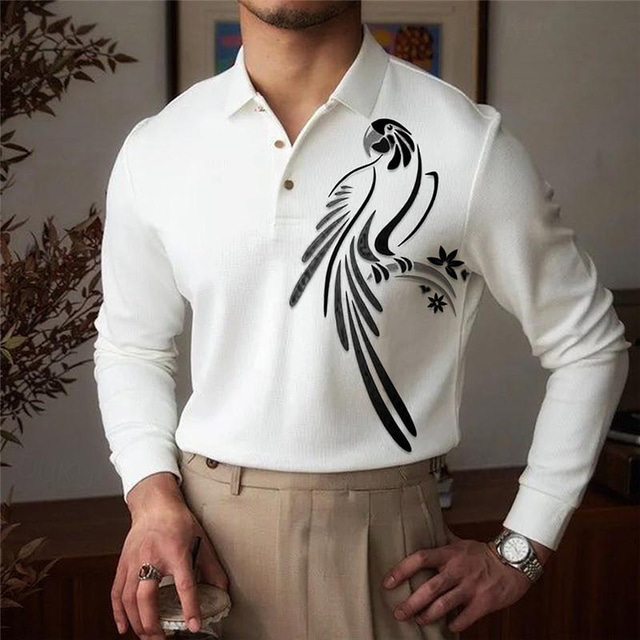  papagaio masculino de negócios casual 3d impressão waffle polo camisa ao ar livre para trabalhar streetwear poliéster manga longa turndown polo camisas branco rosa primavera & polo de lapela