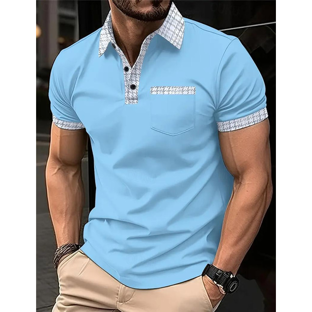  Men's Polo Shirt Button Up Polos Casual Sports Lapel Short Sleeve Fashion Basic Color Block Houndstooth Patchwork Pocket Summer Regular Fit Black White Navy Blue Blue Khaki Polo Shirt