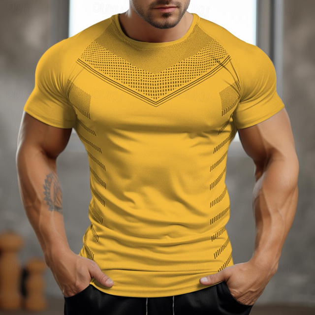  Herren Fitness-Tops Sport-T-Shirt Rundhalsausschnitt Kurzarm Sport Casual Fitnessstudio Schnell Trocknend Atmungsaktiv Weich Farbblock Schwarz Gelb Sportkleidung Modisch Basic