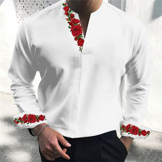  alla hjärtans dag ros män casual 3d-tryckt henley skjorta dagligt slitage gå ut våren& sommar v-ringad långärmad svart, vit, rosa s, m, l 4-vägsstretch
