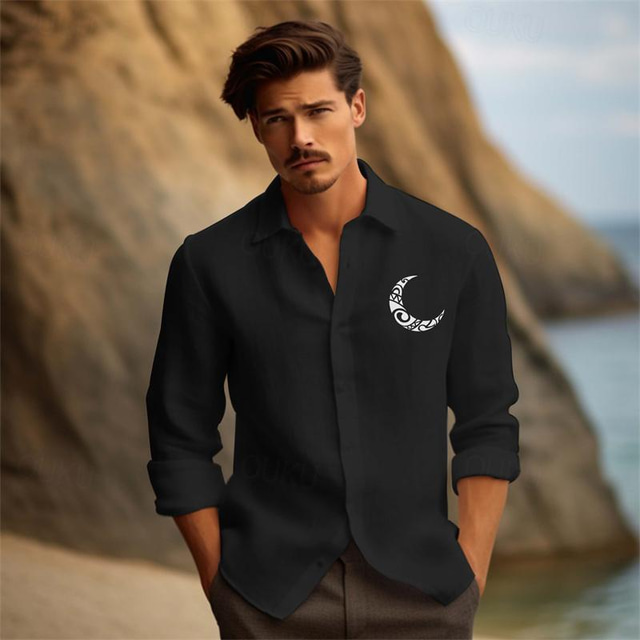  Hombre Algodón Lino Camisa camisa de lino MOON Estampado Manga Larga Diseño Negro, Blanco, Gris Oscuro Camisa Exterior Diario Vacaciones