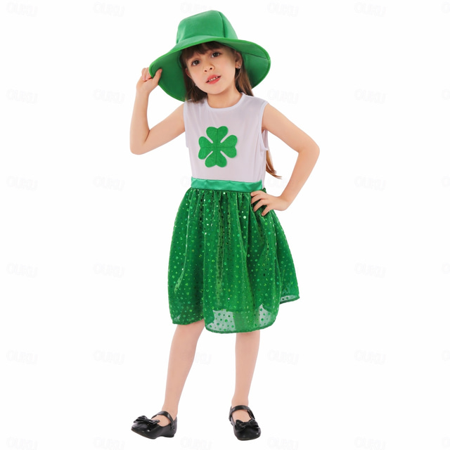  St. Patrick's Day Clover Irish Carnival Costume Dress Hat Kid's Girls' Cosplay Performance Party Stage Halloween Carnival St. Patrick's Day Easy Carnival Costume