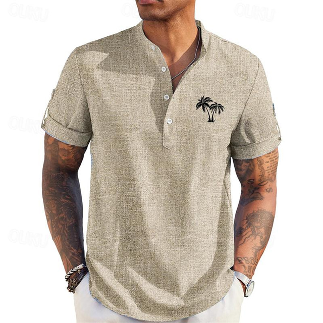  Coconut Palm Men's Resort Style 3D Printed Hawaiian Shirt Henley Shirt Button Up Shirt Casual Shirt Daily Wear Vacation Going out Spring & Summer Stand Collar Short Sleeve Blue, Green, Khaki S, M, L