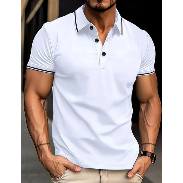  Men's Polo Shirt Button Up Polos Work Casual Lapel Short Sleeve Fashion Basic Color Block Patchwork Summer Regular Fit Black White Light Green Navy Blue Blue Polo Shirt