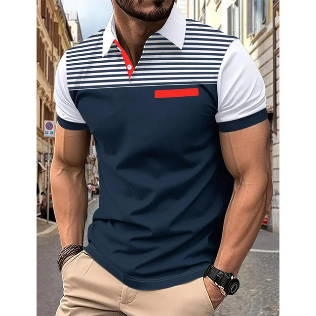  Herr POLO Shirt Knapp upp Polos Ledigt Sport Kavajslag Kortärmad Mode Grundläggande Färgblock Randig Lappverk Sommar Normal Vit Gul Vinröd Marinblå Blå POLO Shirt