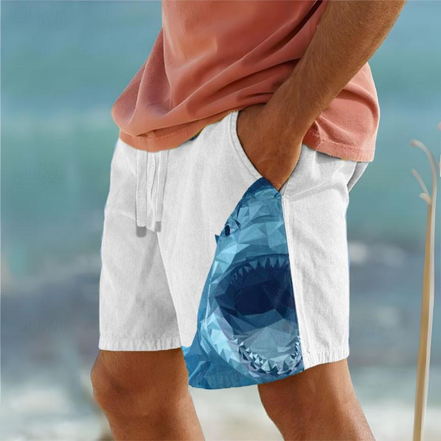  Ocean Shark Men's Resort מכנסי ים עם הדפסת תלת מימד בגד ים שרוך מותן אלסטי עם בטנת רשת אלוהה בסגנון הוואי חוף ים עד 3xl