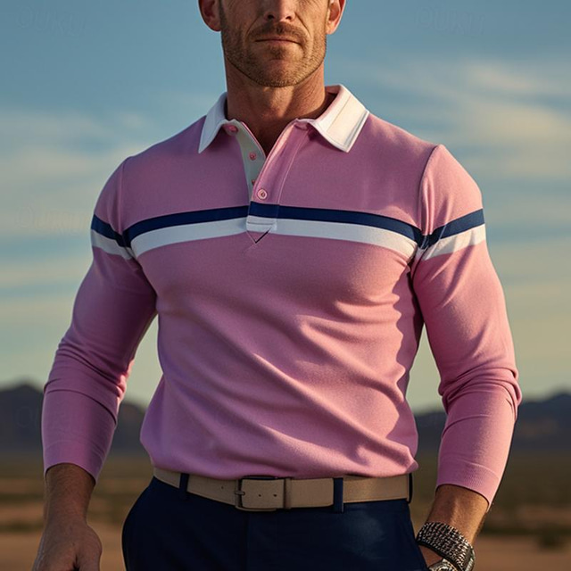  Herr POLO Shirt Knapp upp Polos Ledigt Sport Kavajslag Långärmad Mode Grundläggande Färgblock Lappverk Knapp Vår & Höst Normal Rodnande Rosa POLO Shirt