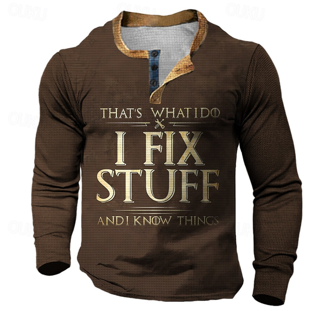  Herre Jeg fikser ting Henly-skjorte Vaffel T-skjorte Langermet 3D-utskrift Mote Designer Fritid Gate Sport & Utendørs Daglig Vår & Vinter Svart Brun Mørkeblå Henley Henley T-skjorte