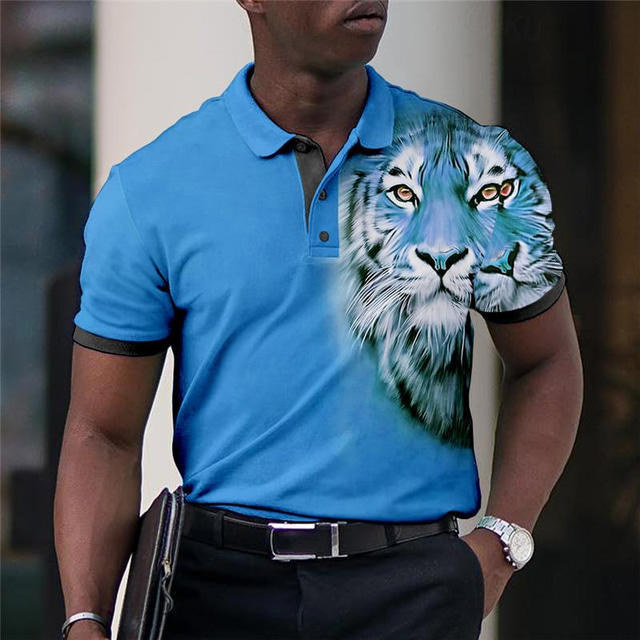  Men's Polo Shirt Lapel Polo Button Up Polos Golf Shirt Animal Tiger Graphic Prints Turndown Blue-Green Red Blue Orange Green Outdoor Street Short Sleeves Print Clothing Apparel Sports Fashion