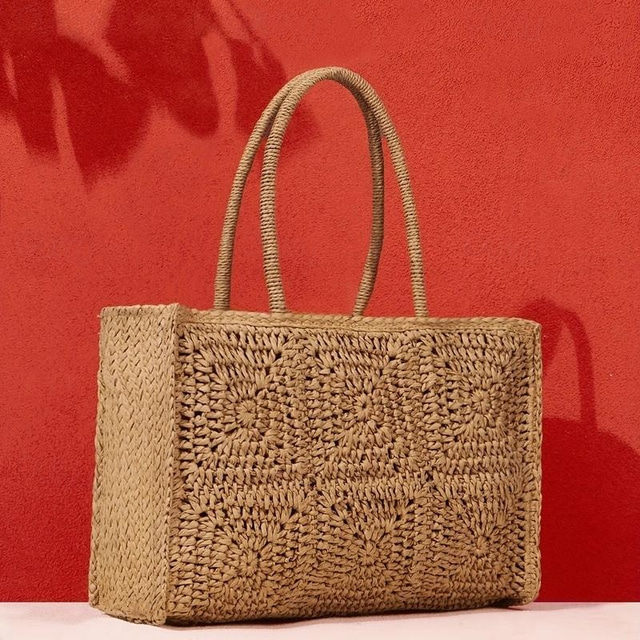  Women’s Woven Straw Tote Bag with Crochet Pattern and Dual Handles, Boho Summer Beach Handbag for Vacation, Picnic, and Casual Outings