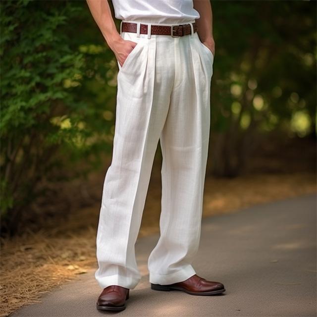  Men's Linen Pants Trousers Summer Pants Front Pocket Pleats Straight Leg Plain Comfort Breathable Casual Daily Holiday Linen Cotton Blend Fashion Basic Black White