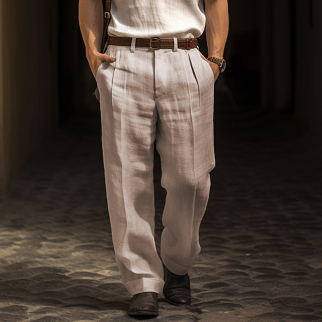  Męskie Lniane spodnie Spodnie Letnie spodnie Przednia kieszeń Zakładki/fałdki Prosta noga Równina Komfort Oddychający Codzienny Święto Moda Podstawowy Czarny Biały