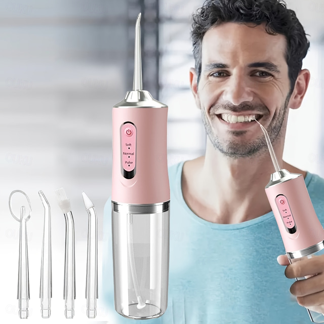  4つのグリーンヘッドを備えたポータブル充電式電動歯洗浄器 - 男性と女性向けの効果的な口腔歯科シームウォッシャーで、ウォーターフロスやクリーニングに最適です。