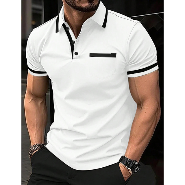  Men's Polo Shirt Button Up Polos Casual Sports Lapel Short Sleeve Fashion Basic Color Block Patchwork Pocket Summer Regular Fit Navy White Wine Blue Gray Polo Shirt