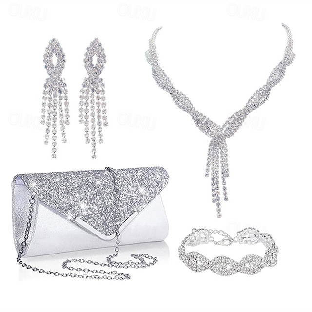  Light Luxury Dinner Handheld Bag Women's Premium Bag Bride Necklace Earrings Bracelet Tassel 4 Piece Jewelry Set