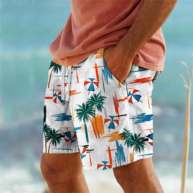  Palm Tree Resort para hombre, pantalones cortos con estampado 3D, bañador, cintura elástica, cordón con forro de malla, estilo hawaiano Aloha, vacaciones en la playa, S a 3XL