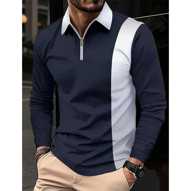  Men's Polo Shirt Quarter Zip Polo Work Daily Wear Lapel Long Sleeve Fashion Comfortable Color Block Patchwork Zip Up Spring &  Fall Regular Fit Black White Red Navy Blue Blue Gray Polo Shirt