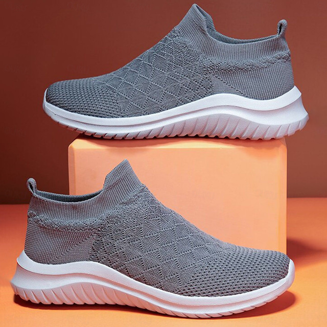  Men's Gray Slip-On Knit Sneakers with Lightweight Sole – Breathable Casual Shoes for Walking, Running, and Everyday Comfort