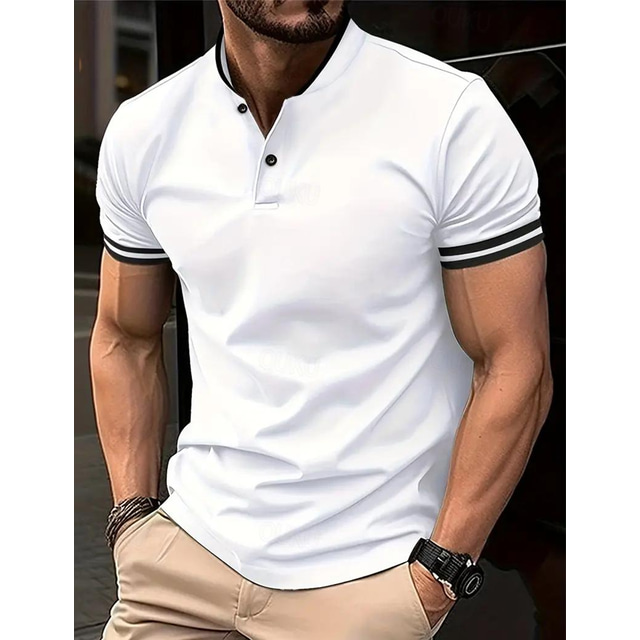  Men's Polo Shirt Button Up Polos Casual Sports Stand Collar Short Sleeve Fashion Basic Color Block Striped Patchwork Summer Regular Fit Wine Black White Polo Shirt