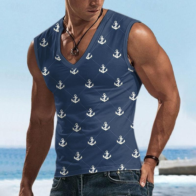  anchor argyle herr resort stil 3d print linne väst topp ärmlös t-shirt för män sport utomhus semester gym t-shirt svart vinröd grön ärmlös v-ringad skjorta sommarkläder