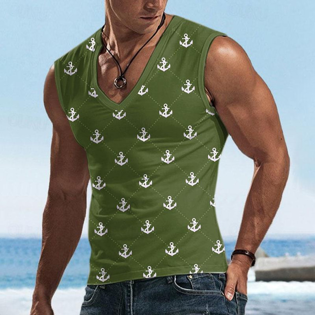  Anchor Argyle Men's Resort Style 3D Print Tank Top Vest Top Sleeveless T Shirt for Men Sports Outdoor Holiday Gym T shirt Black Burgundy Green Sleeveless V Neck Shirt Summer Clothing