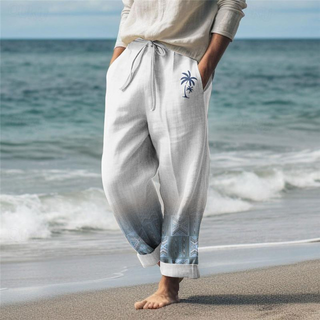  pantalon 20% lin pour homme palmier pantalon décontracté extérieur tenue quotidienne streetwear blanc vert kaki s m l pantalon élastique taille moyenne