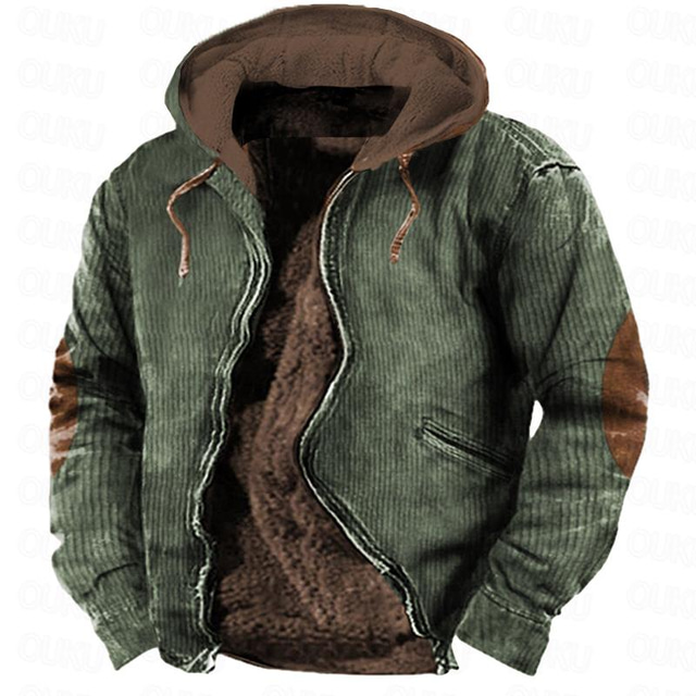  Men's Hoodie Full Zip Hoodie Fleece Jacket Thick Hoodies Army Green Blue Khaki Hooded Color Block Patchwork Sports & Outdoor Daily Holiday Vintage Streetwear Cool Fall & Winter Clothing Apparel