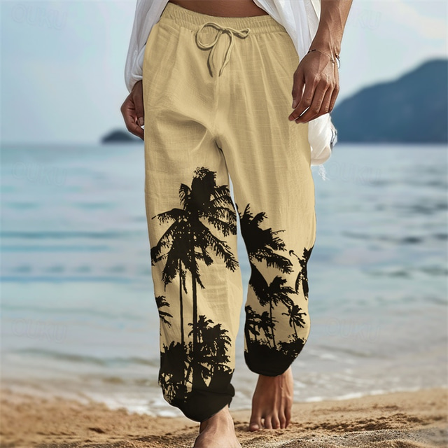  Men's Coconut Tree Linen Pants Pants Trousers Baggy Pants Mid Waist Vintage Outdoor Daily Wear Beach Fall & Winter White Blue Green