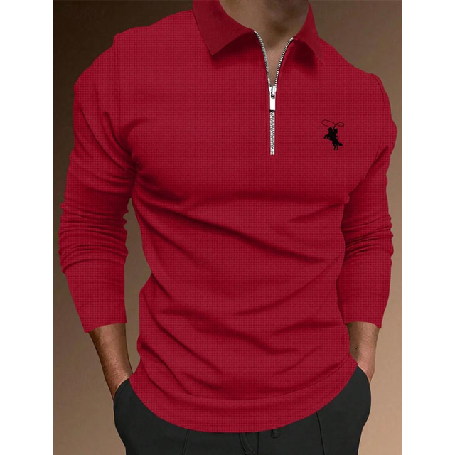  Men's Polo Shirt Waffle Polo Shirt Work Daily Wear Lapel Long Sleeve Fashion Comfortable Plain Embroidered Zip Up Spring &  Fall Regular Fit Black Red Brown Beige Polo Shirt