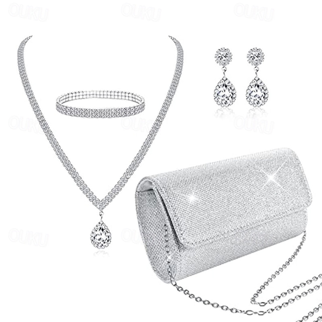  Bride Jewelry Set Fashionable And Minimalist Diamond Bracelet Earrings Necklace Pu Sequins Handbag Dinner Bag Set of Four