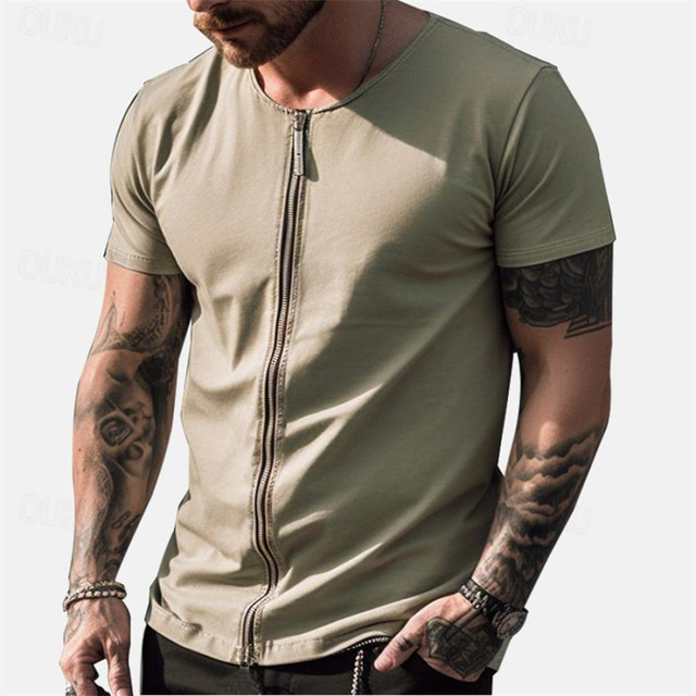  Herren T Shirt T-Shirt Glatt Rundhalsausschnitt Strasse Urlaub Kurze Ärmel Reißverschluss Bekleidung Modisch Designer Basic
