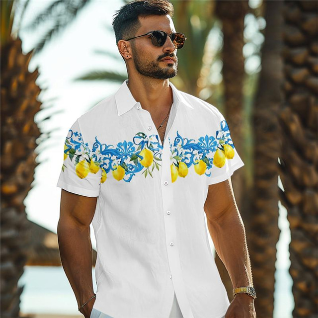  לימון מיוליקה ים תיכוני נופש לגברים הוואי חולצה מודפסת תלת מימד כפתור עם שרוולים קצרים חולצת חוף קיץ חופשה ללבוש יומי s to 3xl