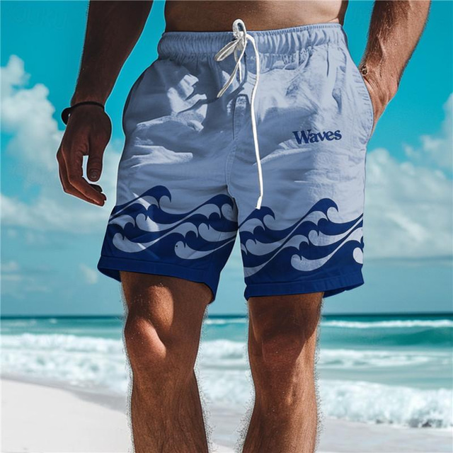  Waves Men's Resort 3D Printed Board Shorts Swim Trunks Elastic Waist Drawstring with Mesh Lining Aloha Hawaiian Style Holiday Beach S TO 3XL