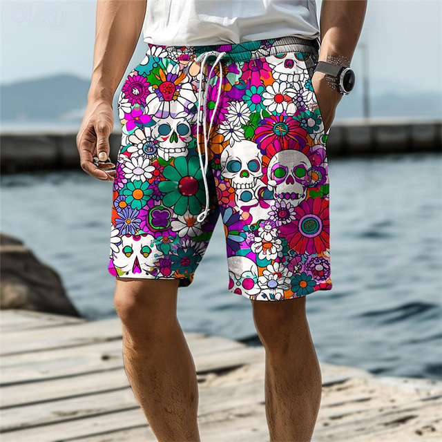  Skull Flower Men's Resort 3D Printed Board Shorts Swim Trunks Elastic Waist Drawstring with Mesh Lining Aloha Hawaiian Style Holiday Beach S TO 3XL