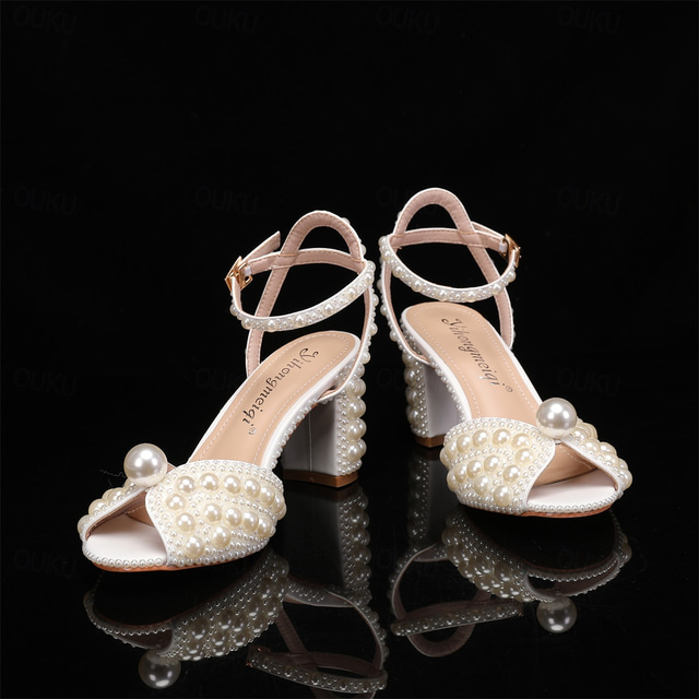  Hochzeitsschuhe für Braut, Brautjungfer, Damen, Peeptoe, weiß, beige, PU-Sandalen mit Imitationsperle, Blockabsatz, klobiger Absatz, Knöchelriemen, Hochzeit, Party, Abend, Alltag, elegant, klassisch