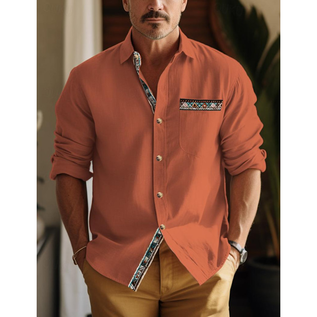  30% Linen Splice Men's Linen Shirt Shirt Button Up Shirt Summer Shirt Black Red Army Green Long Sleeve Color Block Lapel Spring &  Fall Outdoor Daily Clothing Apparel