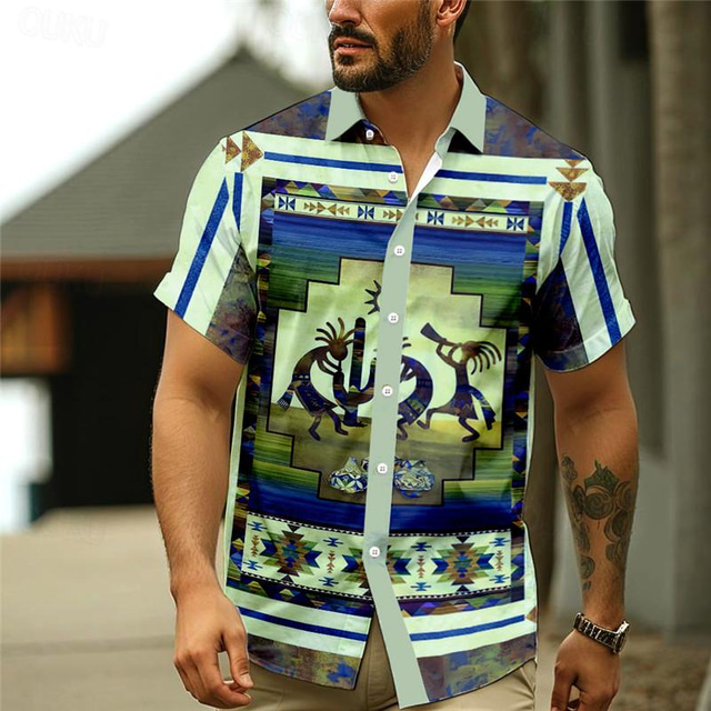  Men's Aztec Tribal Ethnic Shirt Button Up Shirt Short Sleeve Vintage Tribal Outdoor Hawaiian Holiday Summer All Seasons Turndown Buttons Print Brown Green khaki