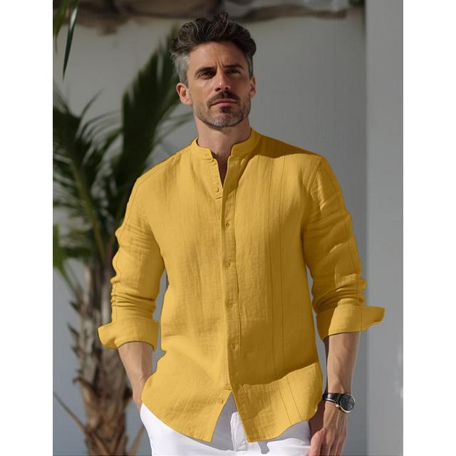  100% Linho Homens camisa de linho Camisa Social camisa de botão camisa de praia Amarelo Azul Marinha Verde Manga Longa Tecido Colarinho Chinês Primavera & Outono Ao ar livre Diário Roupa