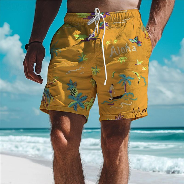  Herren Boardshorts Badeshorts Badehose Schwimmshorts Bademode Kordelzug mit Mesh-Futter Elastische Taille Ananas Komfort Atmungsaktiv Kurz Festtage Urlaub Strand Urlaub Hawaiianisch Gelb Rote