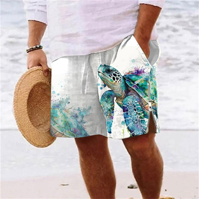 צב ים חיים ימיים נופש לגברים מכנסי ים מודפסים בורד 3D מכנסי ים מכנסי ים שרוך שרוך בכיס עם בטנת רשת נוחות לנשימה קצר אלוהה בסגנון הוואי חוף נופש s עד 3xl