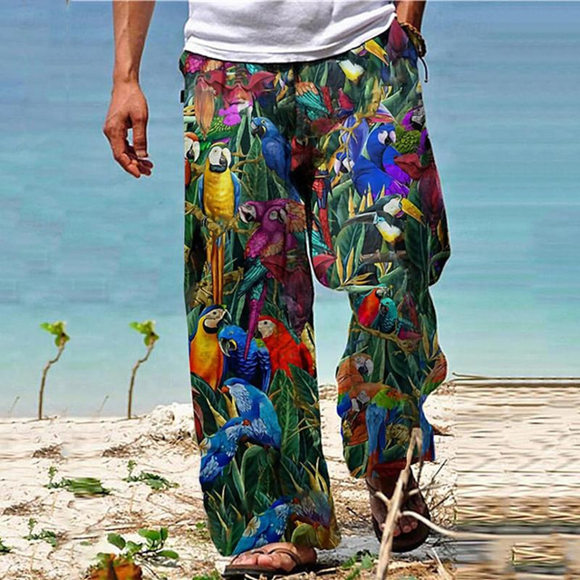  Parrot Tropical Hawaiian Men's Resort 3D Printed Casual Pants Trousers Loose Fit Straight-Leg Elastic Waist Drawstring Polyester Aloha Hawaiian Summer Beach Pants S TO 3XL