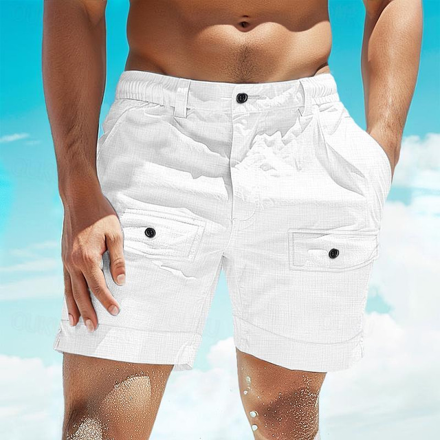 Homens Calção Shorts de linho Shorts de verão Shorts de praia Botão Bolsos Cintura elástica Tecido Conforto Respirável Curto Casual Diário Feriado Moda Estilo Clássico Branco Azul