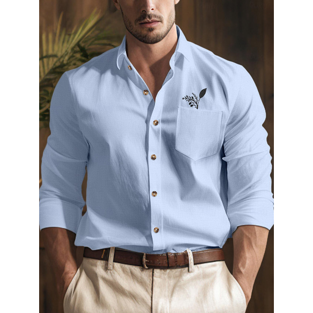  30% lino Bolsillo Hombre camisa de lino Camisa Camisa de playa Negro Blanco Azul Piscina Manga Larga Hoja Diseño Primavera & Otoño Exterior Diario Ropa