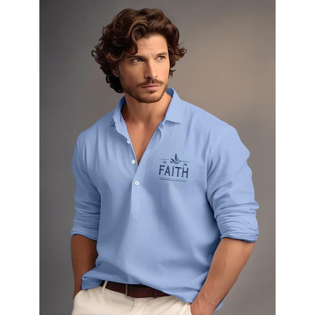  30% Linen Embroidery Men's Linen Shirt Shirt Beach Shirt White Blue Green Long Sleeve Faith Lapel Spring &  Fall Outdoor Daily Clothing Apparel